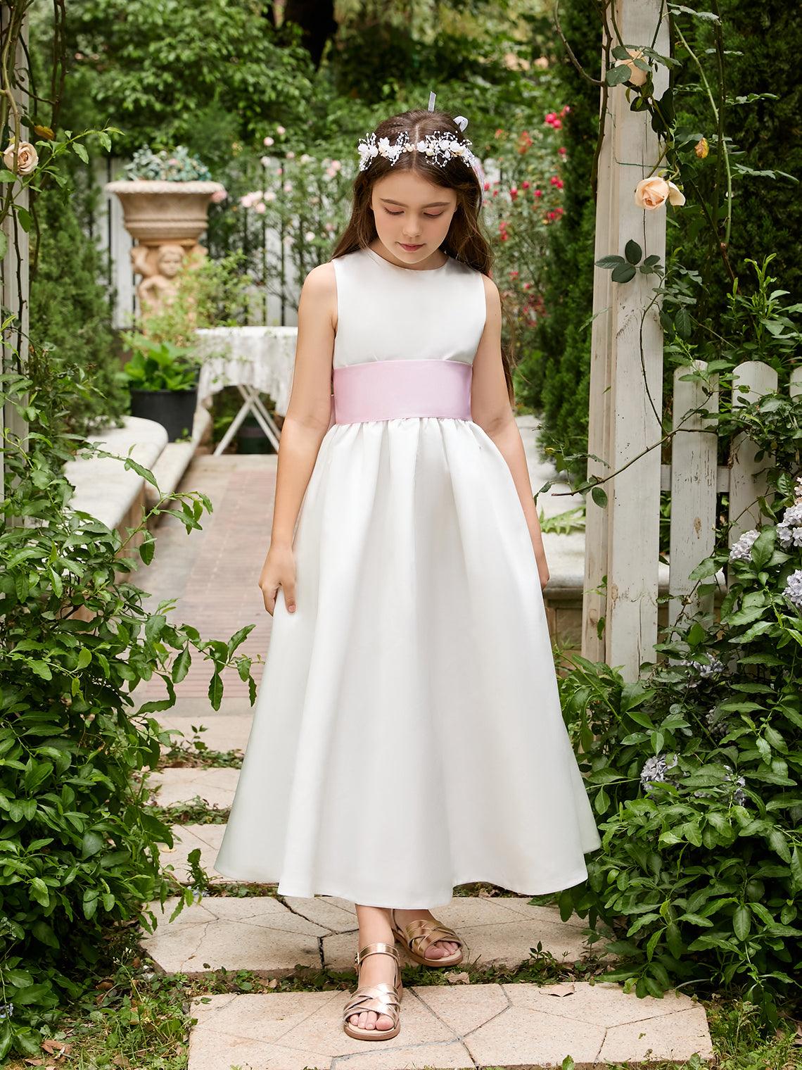 Vestido de fiesta para niña de las flores de satén color marfil con lazo | Vestido de tul hasta los tobillos (010007314) 