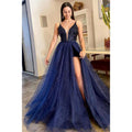 Vestido de fiesta con escote en V pronunciado, lentejuelas, abertura alta y falda desmontable
