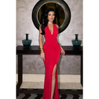 Vestido de fiesta sexy y atractivo con escote en V, sin mangas y espalda descubierta, con abertura