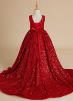 Deslumbrante vestido de princesa con lentejuelas rojas, escote en V y cola de corte para niñas 