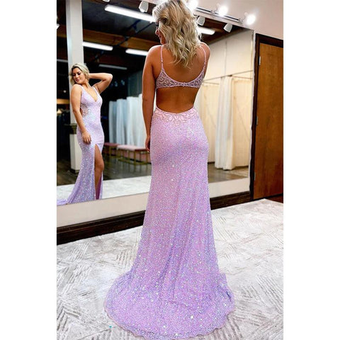 Sexy V-neck Beads High Split Sparkly Prom Dress with Slit