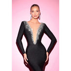 Trumpet/mermaid V-neck Beaded Black Glitter Long Prom Evening Dress