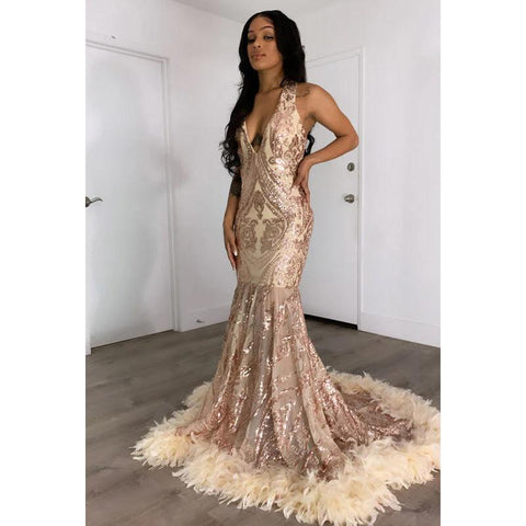 V-Neck Sleeveless Sequins Sheer Tulle Feather Mermaid Long Prom Evening Dress