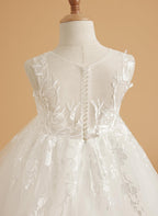 Vestido de niña de flores de tul y encaje color marfil, largo hasta el suelo y elegante lazo (2003227417) 