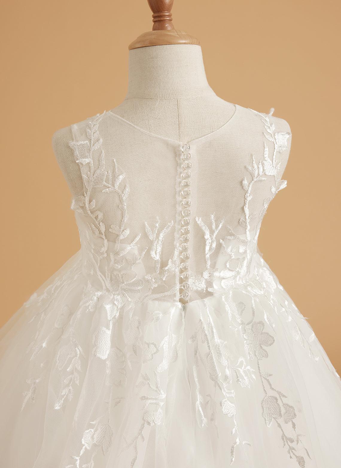 Vestido de niña de flores de tul y encaje color marfil, largo hasta el suelo y elegante lazo (2003227417) 