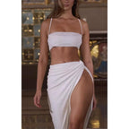 Vestido de fiesta de graduación de dos piezas con tirantes finos, pliegues y abertura alta sexy 