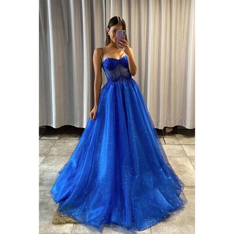 Glitzerndes Ballkleid mit Spaghettiträgern, Spitzenapplikationen für Damen 