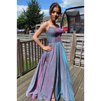Vestido de fiesta largo de satén morado sin tirantes, corte A, brillante y con abertura 