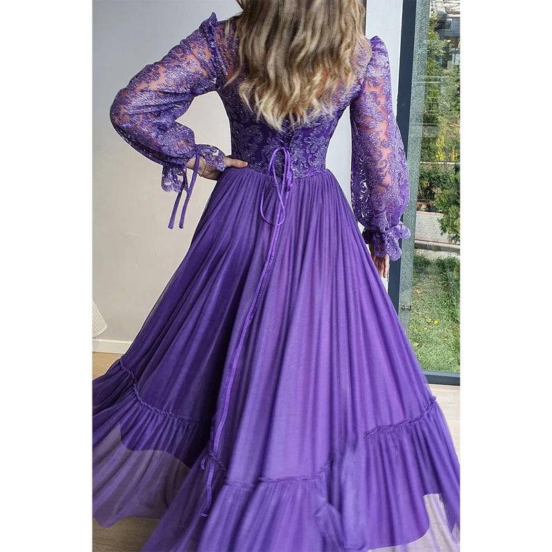 Einzigartiges formelles Abendkleid in A-Linie mit U-Ausschnitt und langen Ärmeln aus Spitze 