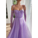 Vestido de fiesta largo de tul con escote en forma de A y tirantes finos con chal