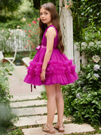 Vestido de niña de flores de tul fucsia sin mangas con volantes (010225236) 