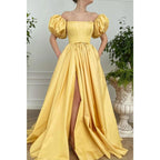 Vestido de fiesta largo de satén amarillo, sin tirantes, con abertura alta y bolsillos, de manga corta 