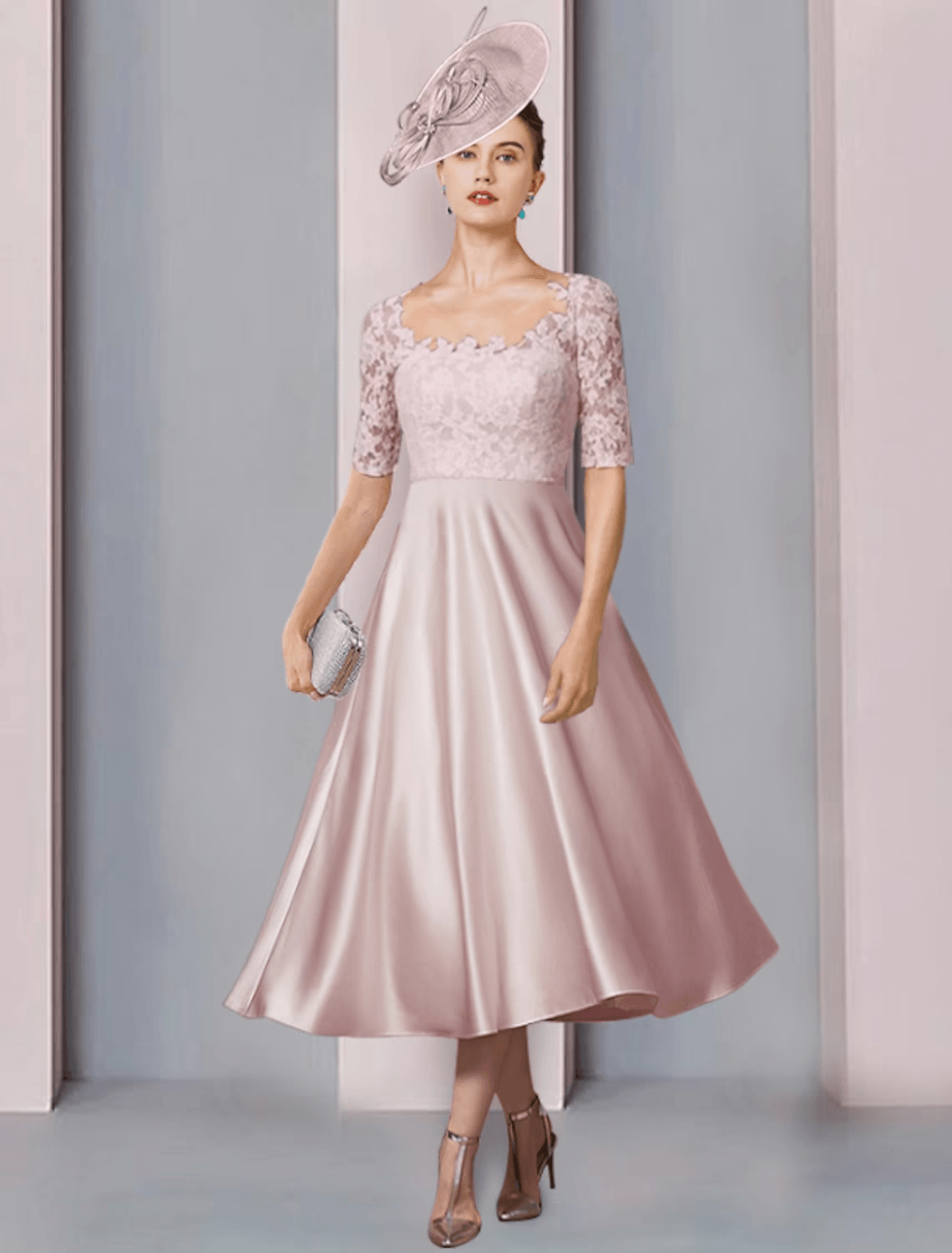 NumberSea-Two Piece A-Line Mother of the Bride Dress Wedding Guest Church Party Elegant Scoop Neck Tea Length Satin Lace Half Sleeve with Pleats