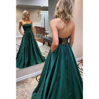 Vestido de noche largo de satén con cordones, sin tirantes y corte A, con abertura