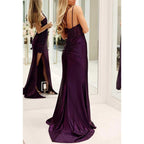 V-neck Spaghetti Straps Appliques Beaded with Side Slit Party Prom Evening Dress