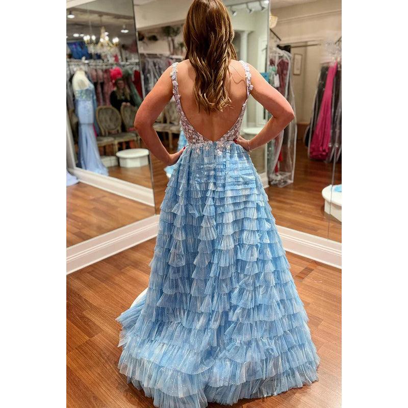 Vestido de fiesta romántico y encantador con escote redondo, corte A, tirantes con abertura y bordado floral