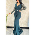 V-Neck Long Sleeves Sequined Beaded Ruched Satin Sheath Evening Dress