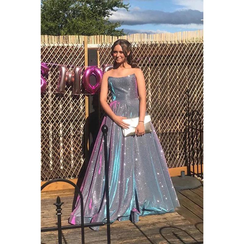 Vestido de fiesta largo de satén morado sin tirantes, corte A, brillante y con abertura 