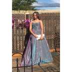 Vestido de fiesta largo de satén morado sin tirantes, corte A, brillante y con abertura 