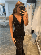 Sheath/Column Lace Rhinestone V-neck Sleeveless Sweep/Brush Train Dresses