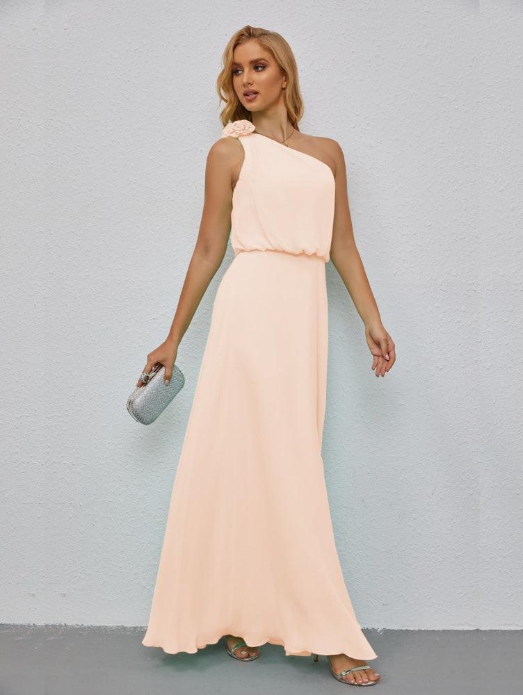 Ruffled One Shoulder Sleeveless Long Bridesmaid Dresses A-line Formal Evening Gown Side Split 28080-numbersea