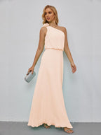 Ruffled One Shoulder Sleeveless Long Bridesmaid Dresses A-line Formal Evening Gown Side Split 28080-numbersea