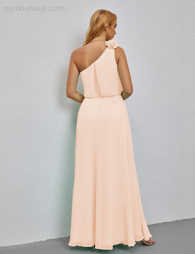 Ruffled One Shoulder Sleeveless Long Bridesmaid Dresses A-line Formal Evening Gown Side Split 28080-numbersea