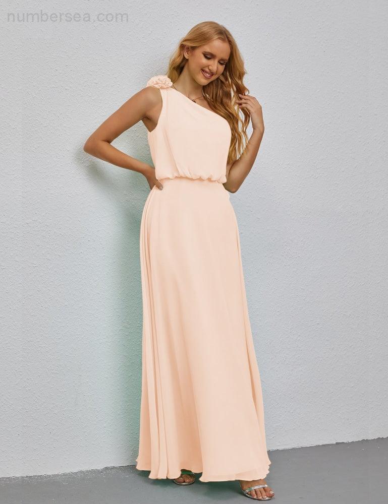 Ruffled One Shoulder Sleeveless Long Bridesmaid Dresses A-line Formal Evening Gown Side Split 28080-numbersea