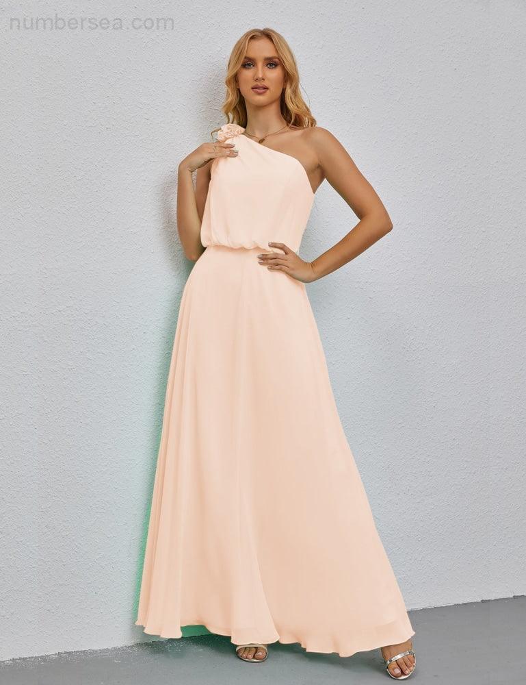 Ruffled One Shoulder Sleeveless Long Bridesmaid Dresses A-line Formal Evening Gown Side Split 28080-numbersea