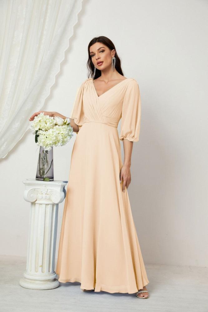 Numbersea Formal Prom Gown Women V-Neck Chiffon Bridesmaid Dresses Long Bishop Sleeve Party Dress 2807-numbersea