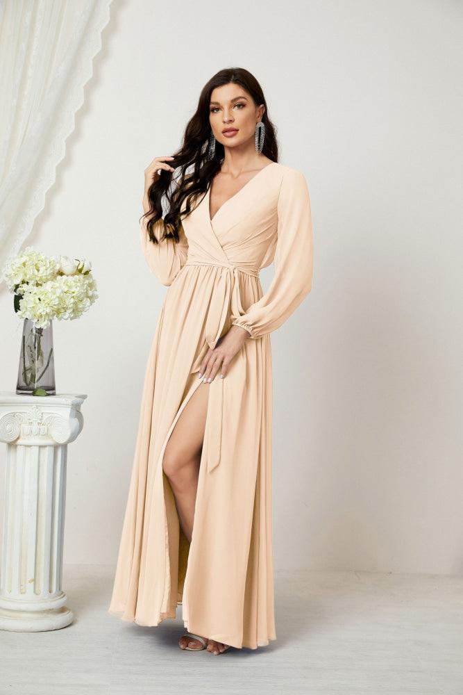 Numbersea Evening Dresses Deep V-Neck Chiffon Bridesmaid Dresses Long Bishop Sleeve Side Split Formal Dress 2806-numbersea