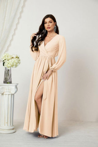 Numbersea Evening Dresses Deep V-Neck Chiffon Bridesmaid Dresses Long Bishop Sleeve Side Split Formal Dress 2806-numbersea