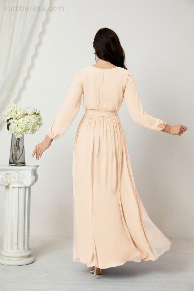 Numbersea Evening Dresses Deep V-Neck Chiffon Bridesmaid Dresses Long Bishop Sleeve Side Split Formal Dress 2806-numbersea