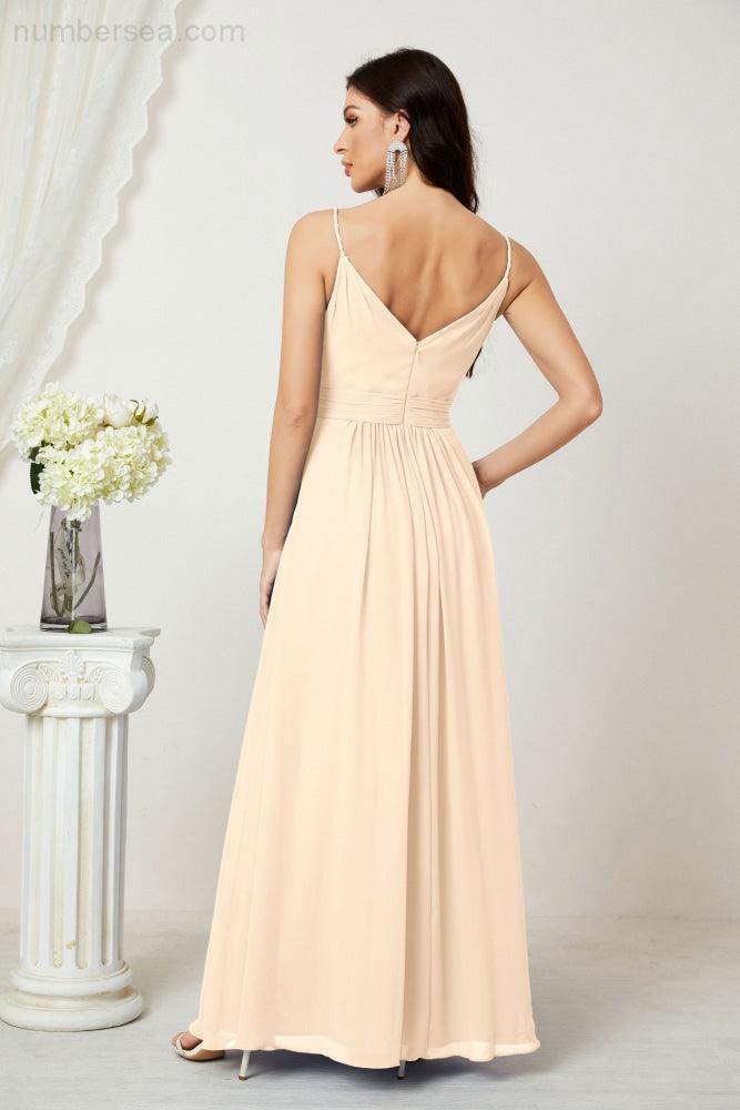 Numbersea Chiffon V-Neck Bridesmaid Dress Spaghetti Strap Long Formal Party Prom Gowns with Slit 28010-numbersea