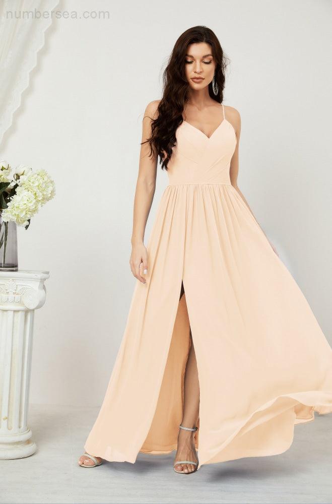 Numbersea Neck Bridesmaid Dresses Chiffon Long Spaghetti A-line Formal Prom Gown for Wedding Party Evening 2801-numbersea