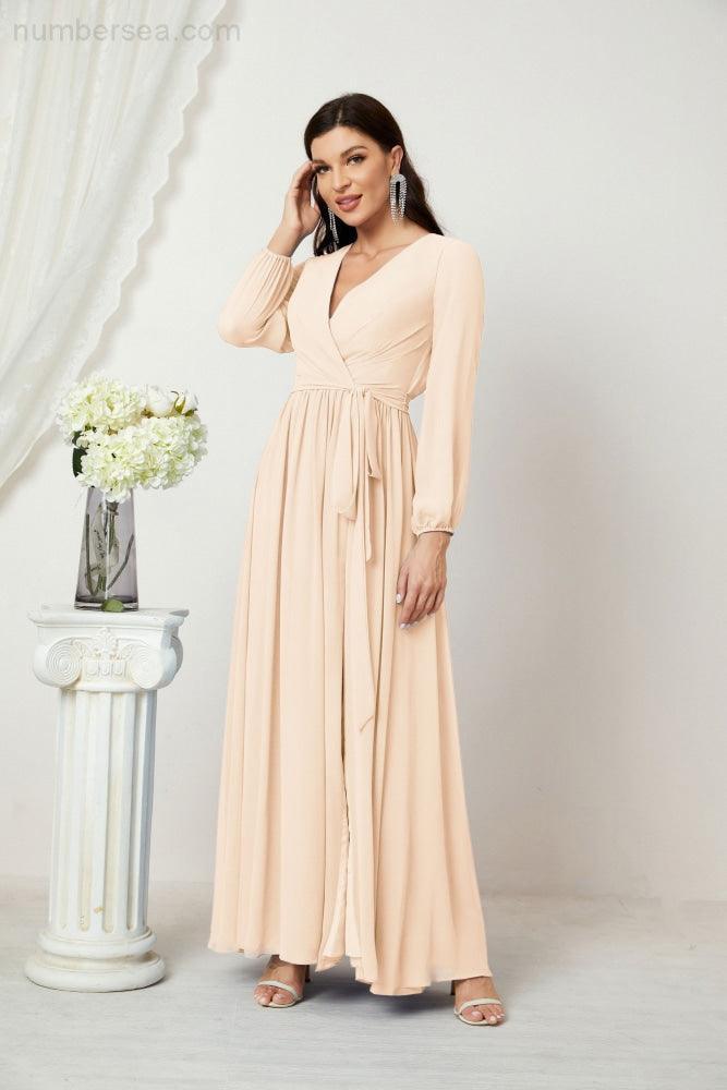 Numbersea Evening Dresses Deep V-Neck Chiffon Bridesmaid Dresses Long Bishop Sleeve Side Split Formal Dress 2806-numbersea