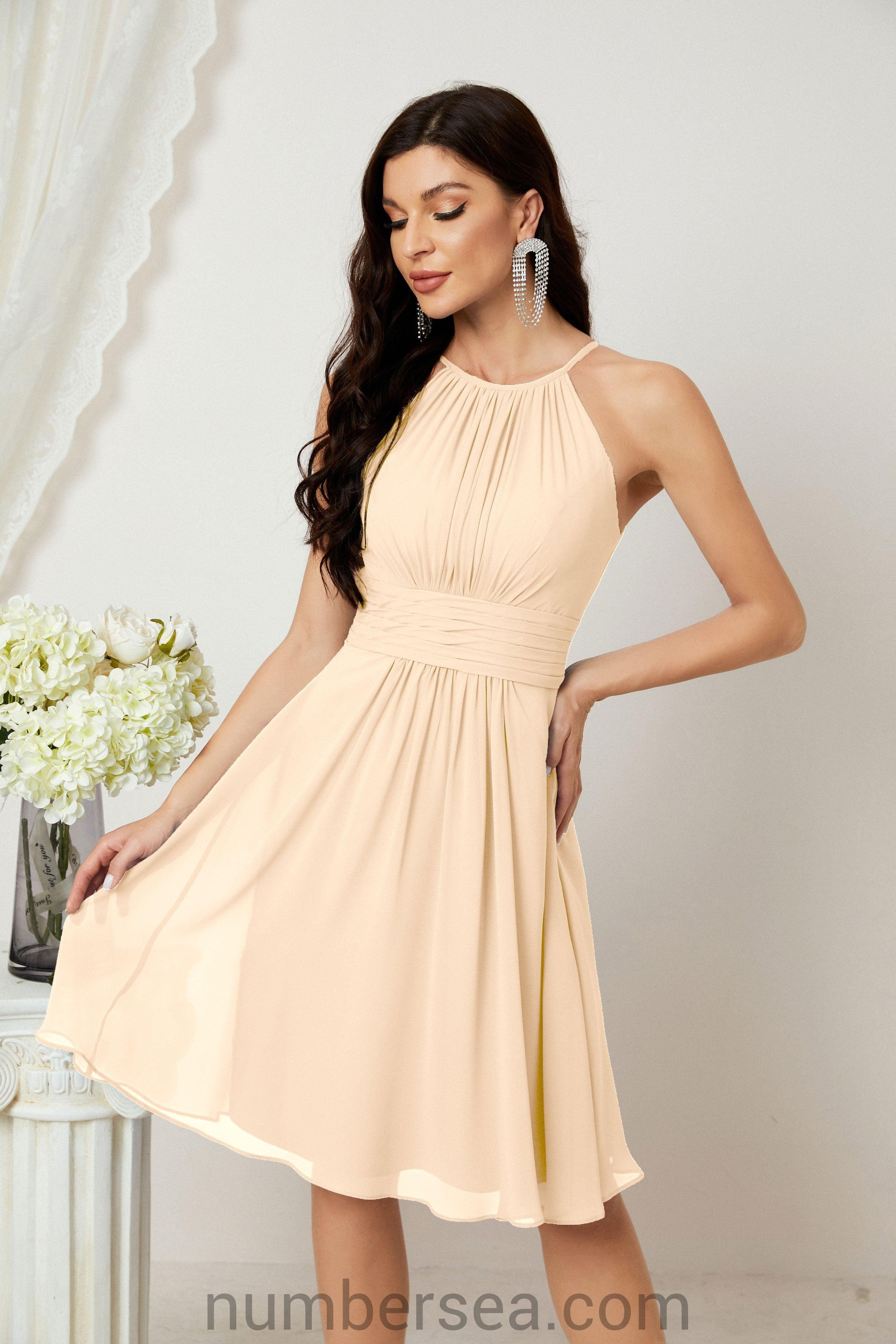 Halter Bridesmaid Dresses Knee Length A Line Formal Evening Party Cocktail Dress 28011