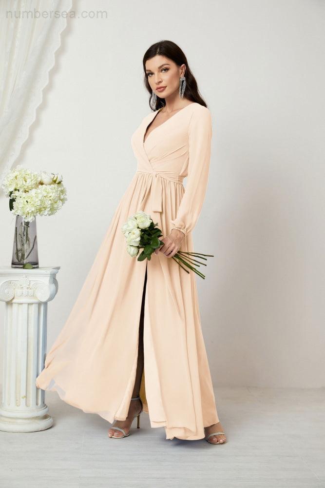 Numbersea Evening Dresses Deep V-Neck Chiffon Bridesmaid Dresses Long Bishop Sleeve Side Split Formal Dress 2806-numbersea