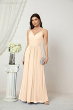 Numbersea Chiffon V-Neck Bridesmaid Dress Spaghetti Strap Long Formal Party Prom Gowns with Slit 28010-numbersea
