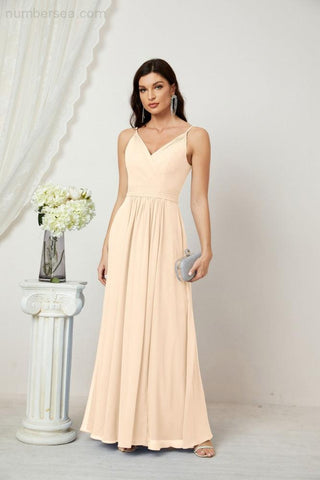 Numbersea Chiffon V-Neck Bridesmaid Dress Spaghetti Strap Long Formal Party Prom Gowns with Slit 28010-numbersea