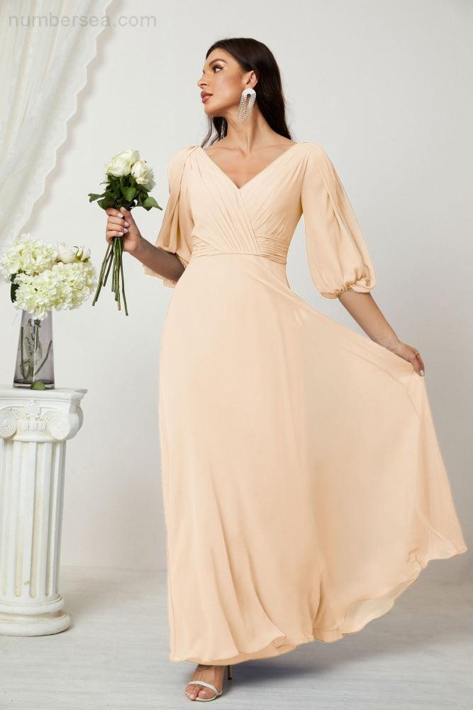 Numbersea Formal Prom Gown Women V-Neck Chiffon Bridesmaid Dresses Long Bishop Sleeve Party Dress 2807-numbersea