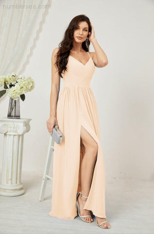 Numbersea Neck Bridesmaid Dresses Chiffon Long Spaghetti A-line Formal Prom Gown for Wedding Party Evening 2801-numbersea