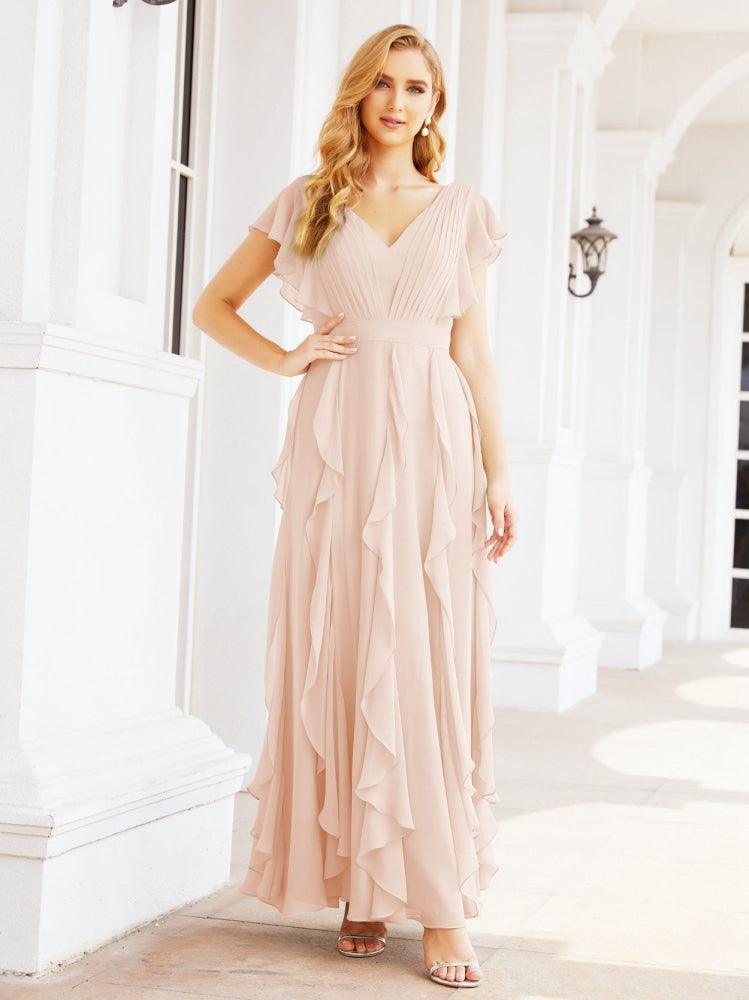 Ruffled Bridesmaid Dresses with Sleeves Long Formal Party Dress 28041-numbersea