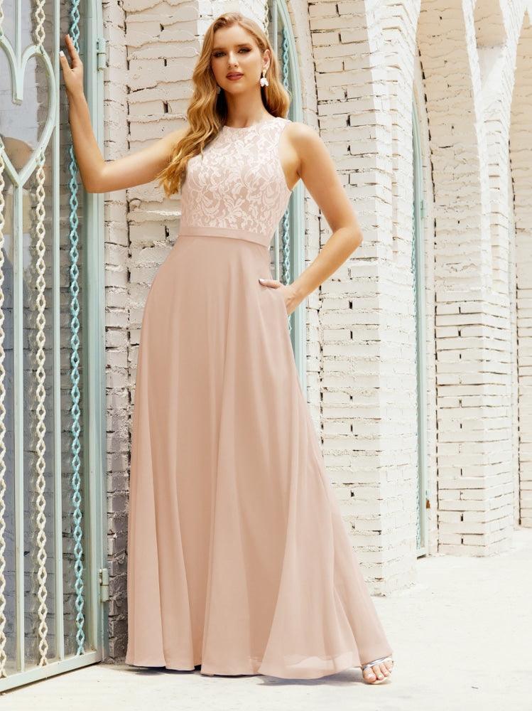 Lace Bridesmaid Dress Floor Length Evening Gowns with Pockets 28017-numbersea