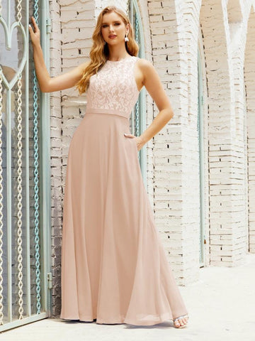 Lace Bridesmaid Dress Floor Length Evening Gowns with Pockets 28017-numbersea