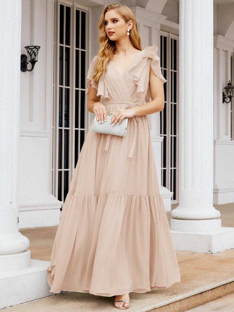 Numbersea Women's Open Back Formal Evening Party Prom Gowns V-Neck Long Chiffon Bridesmaid Dresses with Waist Belt 28038-numbersea