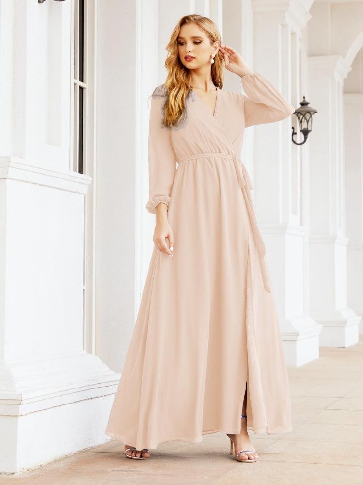 Numbersea Women's Chiffon Bridesmaid Dress A line Long Sleeves Formal Evening Prom Gown for Wedding Guest 28032-numbersea