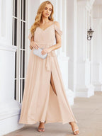 Numbersea Off The Shoulder Chiffon Bridesmaid Dress Long Formal Graduation Gown with Cowl Back 28069-numbersea