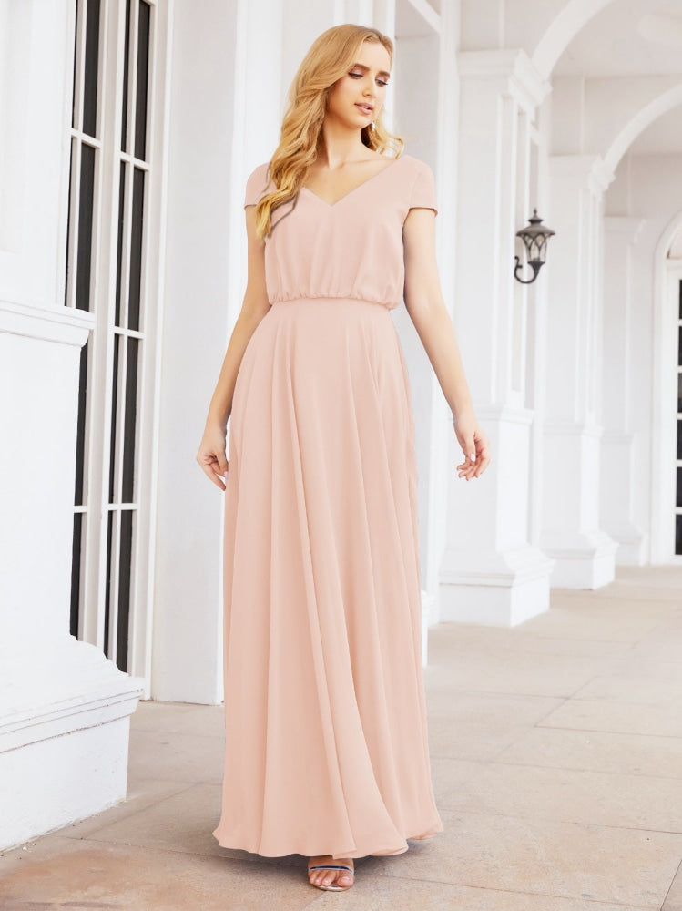 Numbersea V-Neck Bridesmaid Dresses Long Cap Sleeves Prom Evening Formal Gowns 28071-numbersea