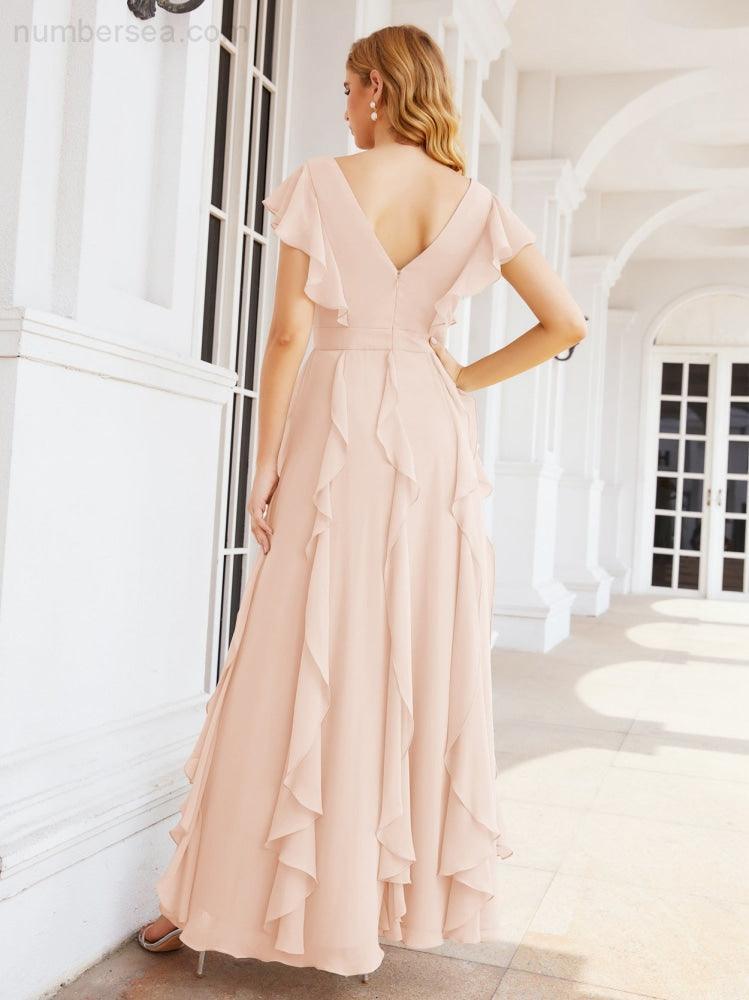 Ruffled Bridesmaid Dresses with Sleeves Long Formal Party Dress 28041-numbersea